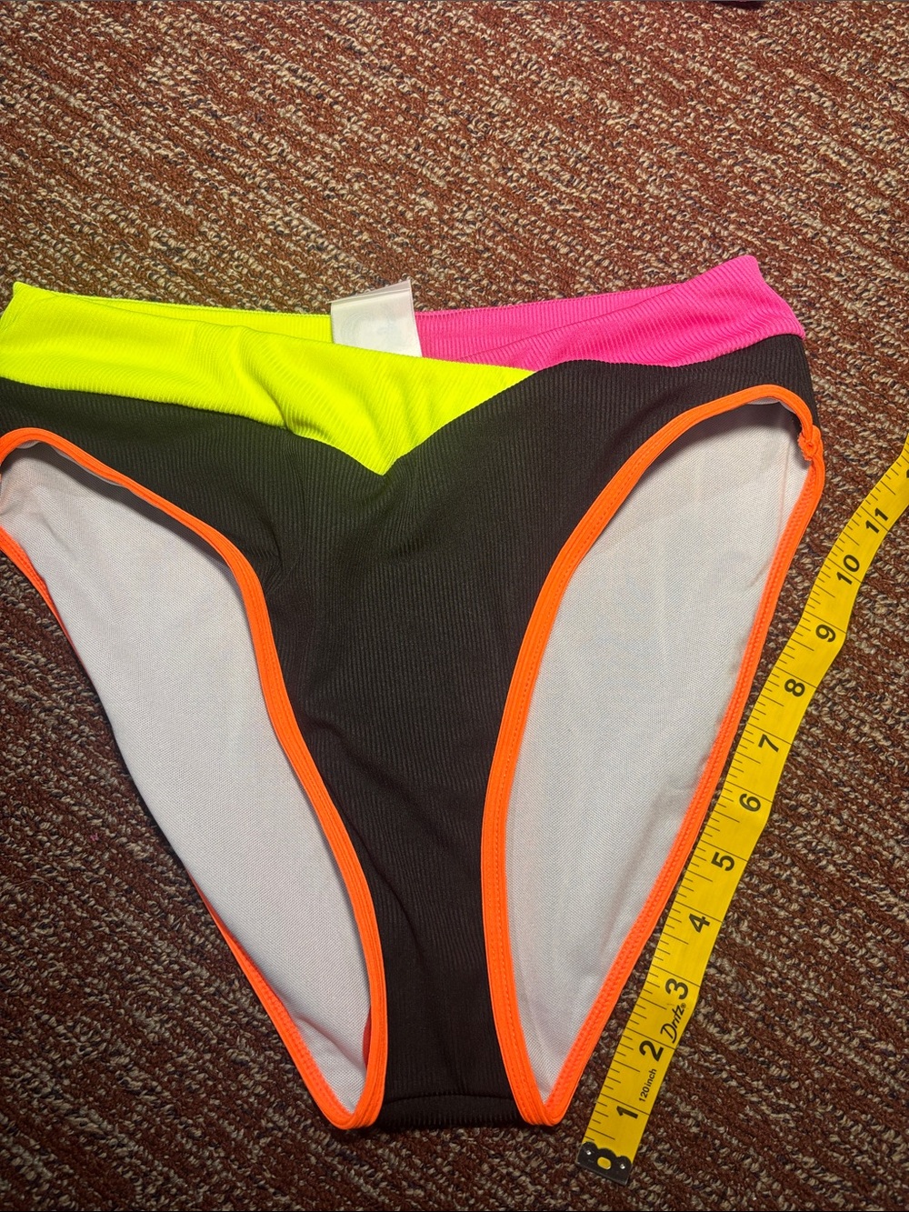 Neon trim v neck bikini black ribbed high waisted y2k style swimsuit women’s S - Picture 11 of 14